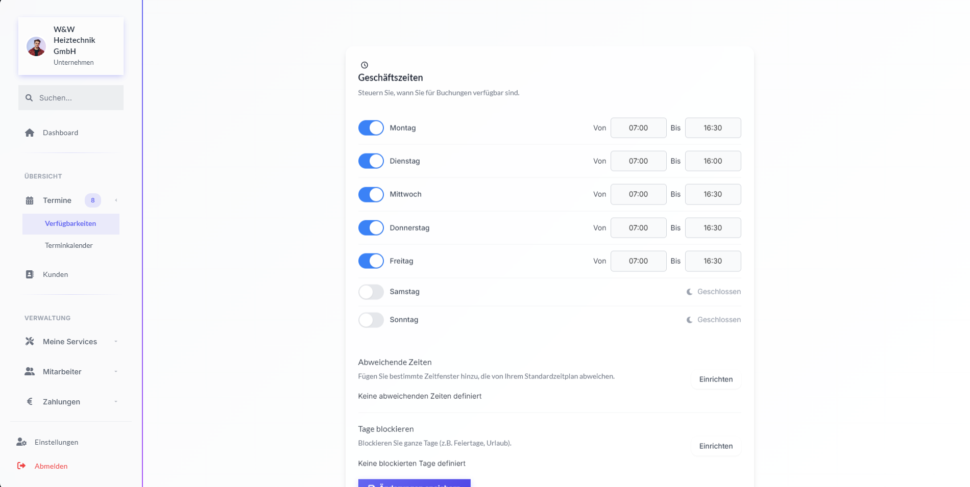 Kalender und Geschäftszeiten